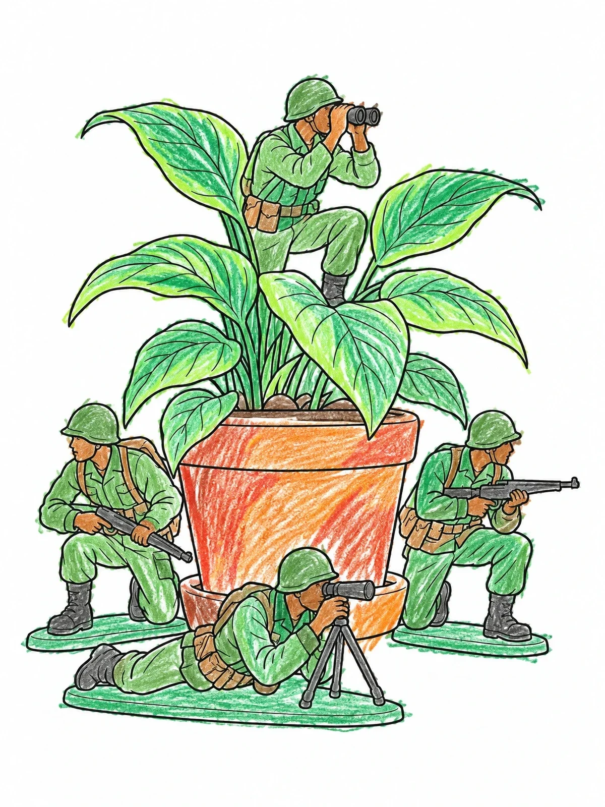 Colored example of the Toy Soldiers Houseplant Mission coloring page