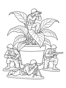 Plastic toy soldiers scout around a potted houseplant in this detailed toy coloring page.