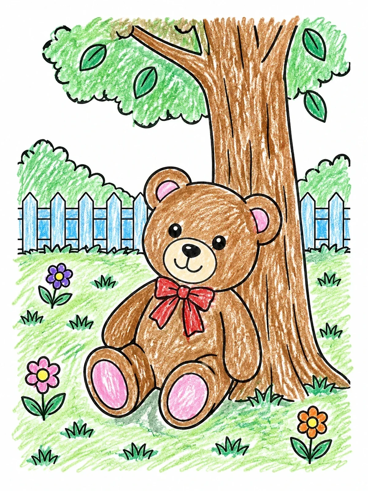 Colored example of the Teddy Bear Resting Under A Tree coloring page