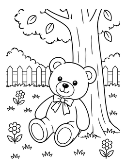 A cute teddy bear under a tree on this toy coloring page.