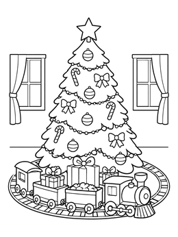 Free printable Toy Train Circling The Christmas Tree coloring page