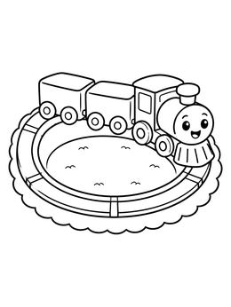 A happy toy train rides along a wooden circular track in this cute train coloring page.