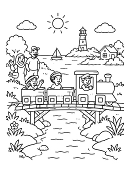 Free printable Toy Train Ride By The Island Coast coloring page