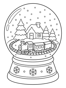 A cozy toy train rides on circular tracks inside a snowglobe coloring page.