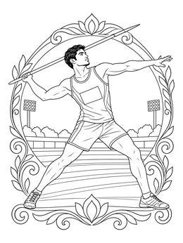 Male track athlete coloring page preparing to throw a javelin inside a decorative frame.