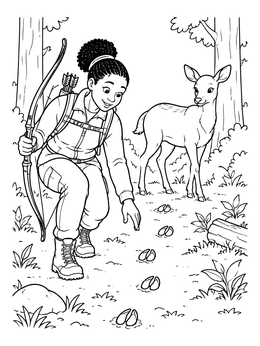 An archer tracking hoof prints near a fawn in this deer coloring page.