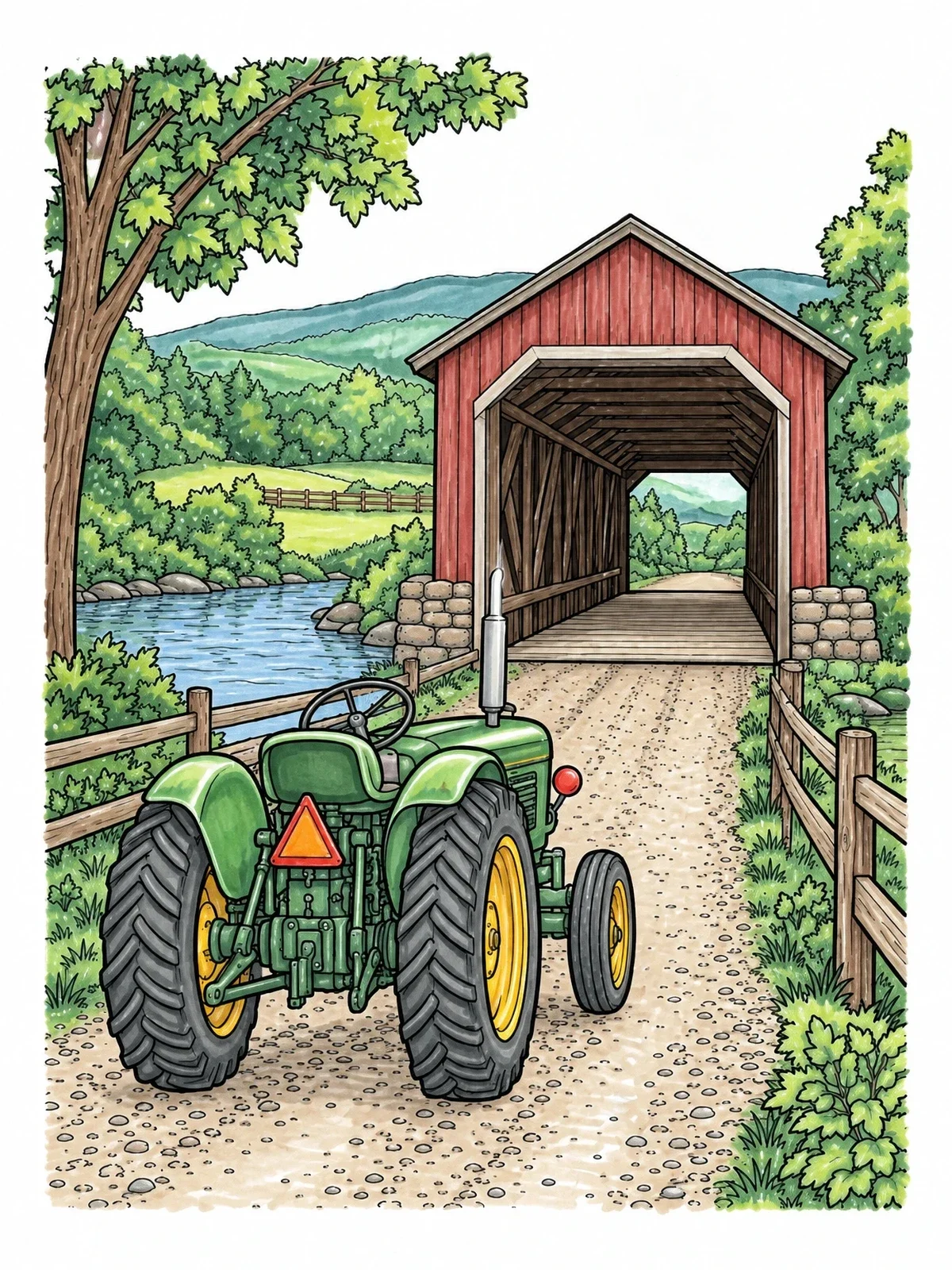 Colored example of the Tractor Approaching Covered Bridge coloring page
