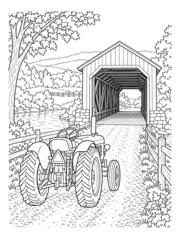 A vintage tractor drives toward a wooden bridge in this covered bridge coloring page.