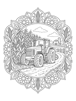 A farm tractor parked beside a cornfield on this detailed corn coloring page framed by a mandala border.