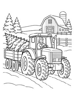 A festive christmas tractor coloring page showing a farmer driving past a barn with a pine tree in the trailer.