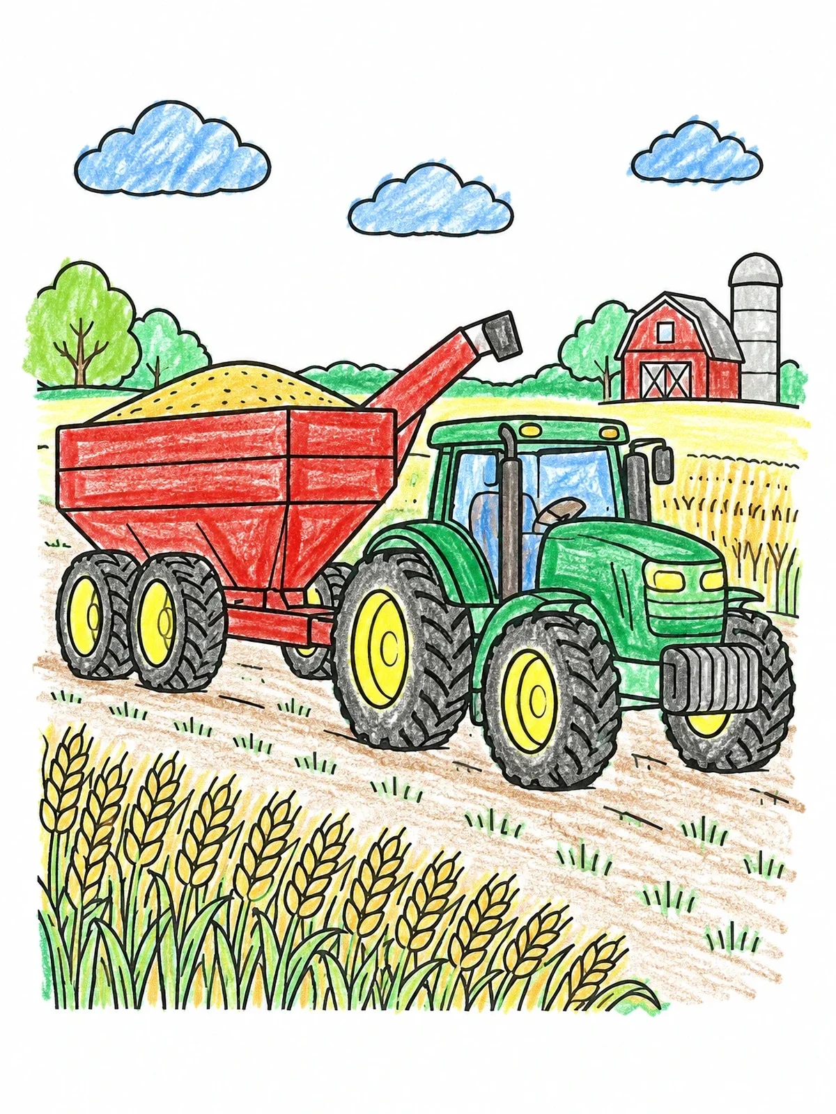 Colored example of the Farm Tractor Hauling Grain Harvest coloring page