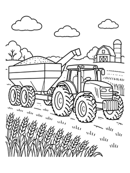 A tractor coloring page showing a tractor towing a grain cart filled with harvest beside a wheat field.