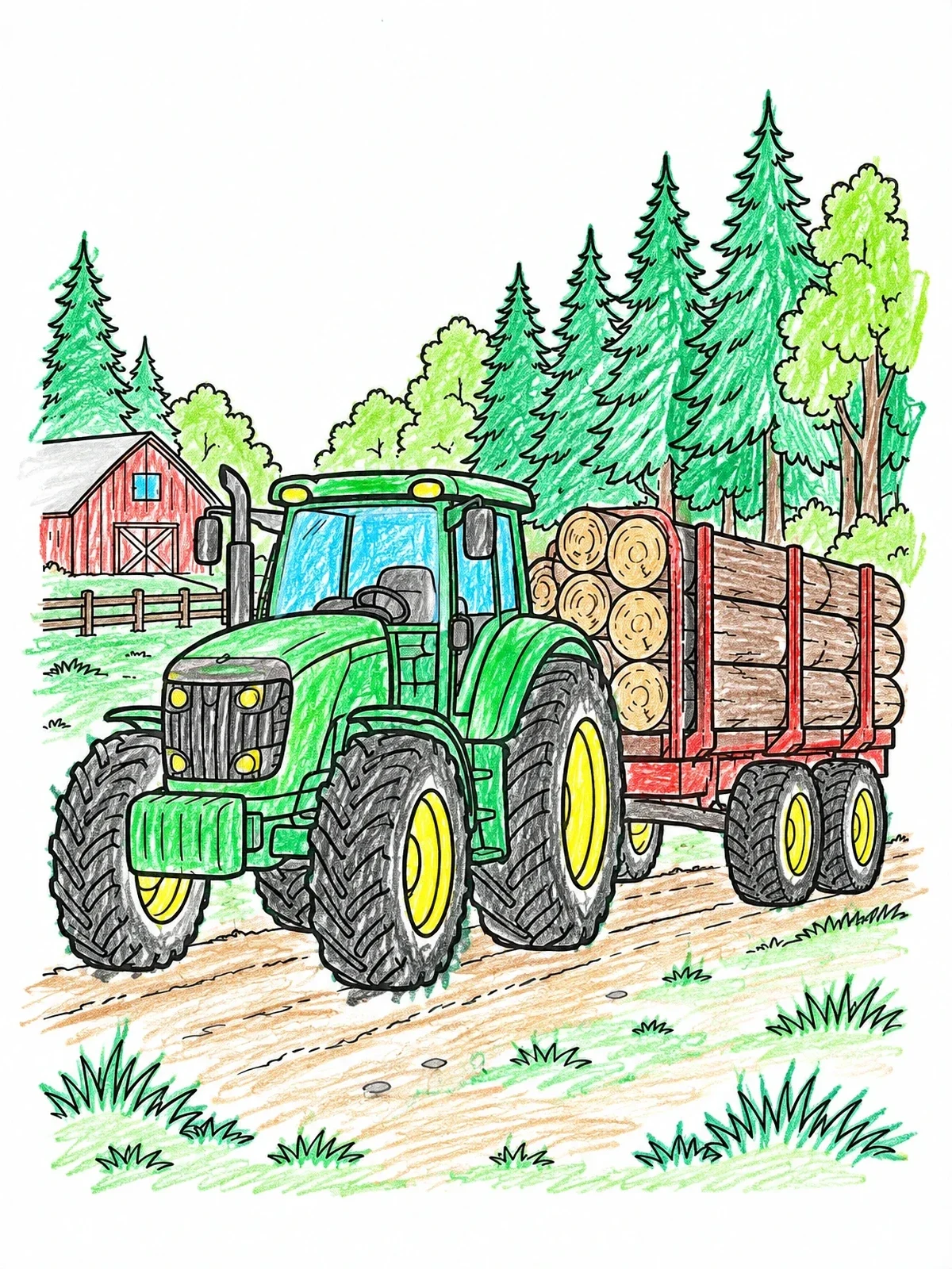 Colored example of the Tractor Hauling Timber Log Trailer coloring page