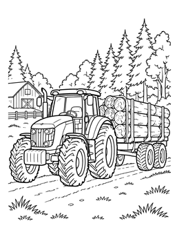 A detailed tractor coloring page showing a tractor pulling logs along a country road by a forest.