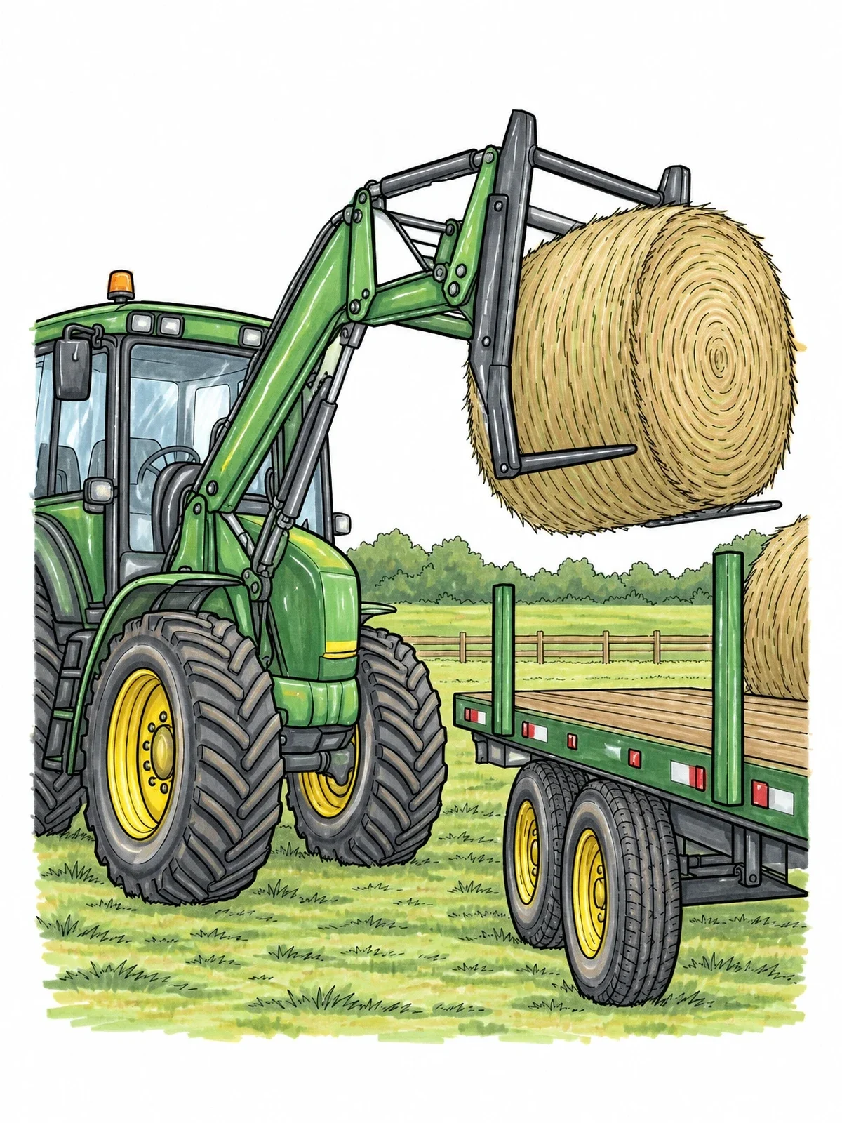 Colored example of the Tractor Loading Round Hay Bale coloring page