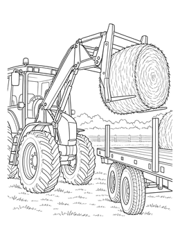 A detailed hay bales coloring page featuring a front loader tractor lifting a round bale onto a flatbed trailer.