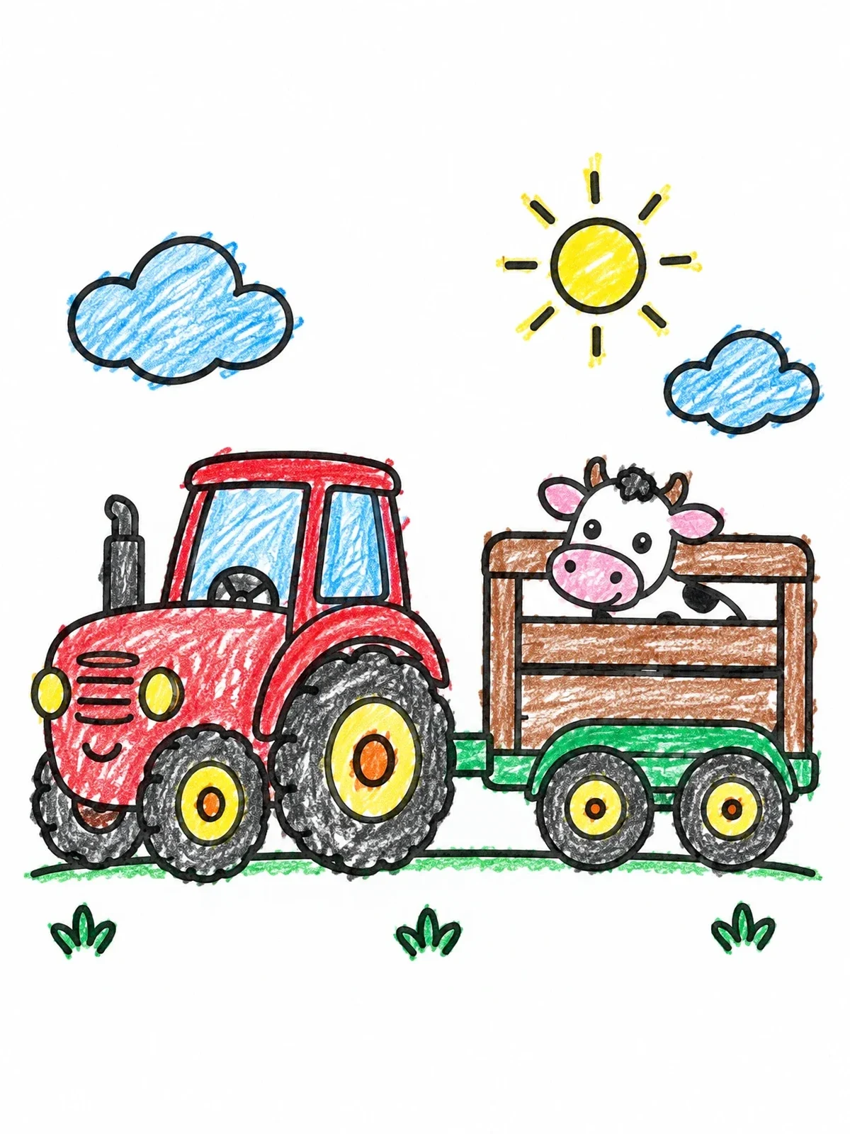 Colored example of the Tractor Pulling A Cute Cow coloring page