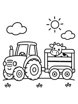 A happy tractor coloring page featuring a smiling cow in a trailer on a sunny day.