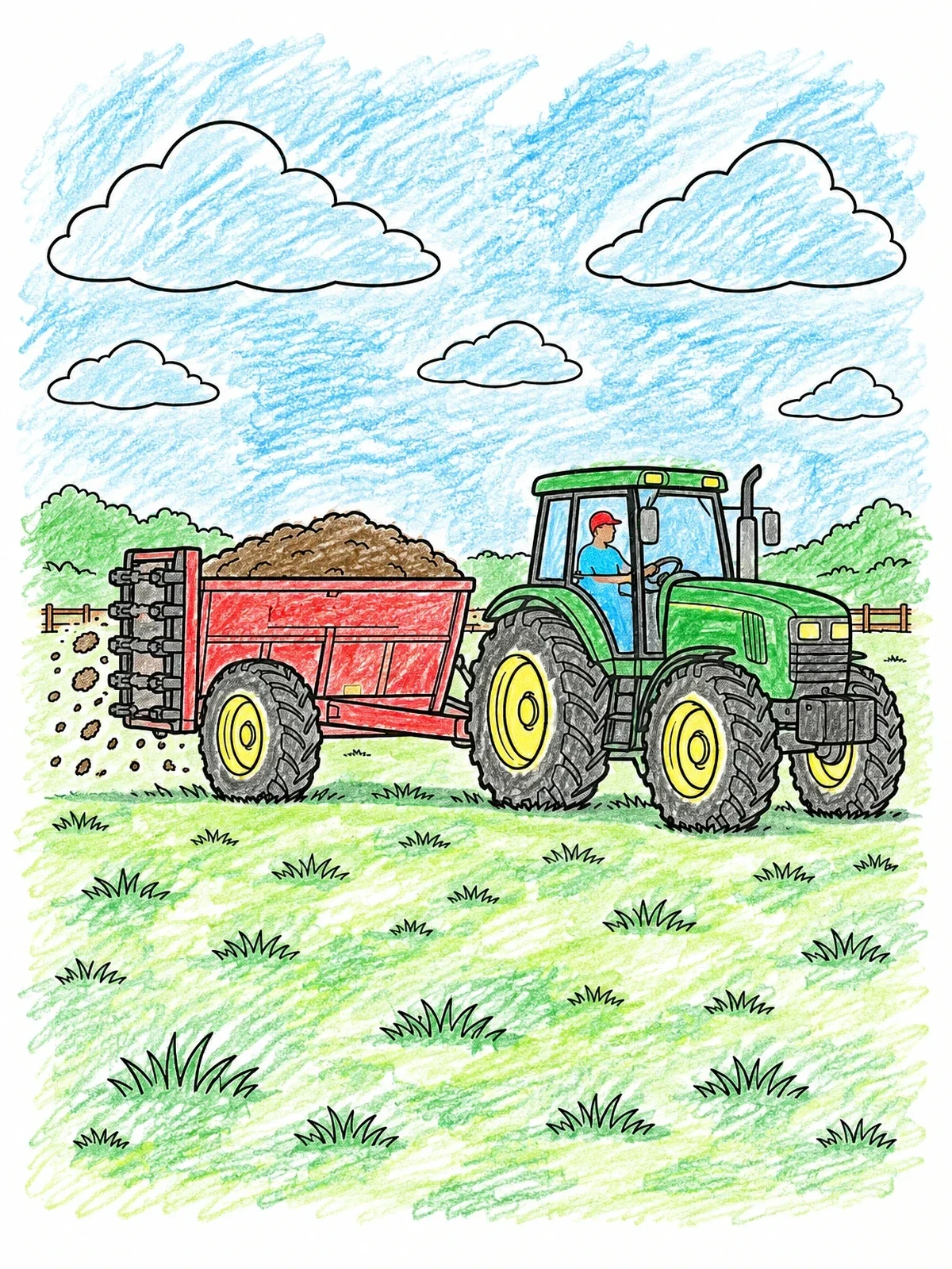 Colored example of the Tractor Pulling A Manure Spreader coloring page