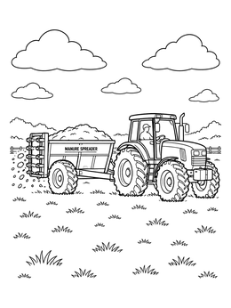 A detailed tractor coloring page showing a farmer driving across a pasture with a manure spreader.
