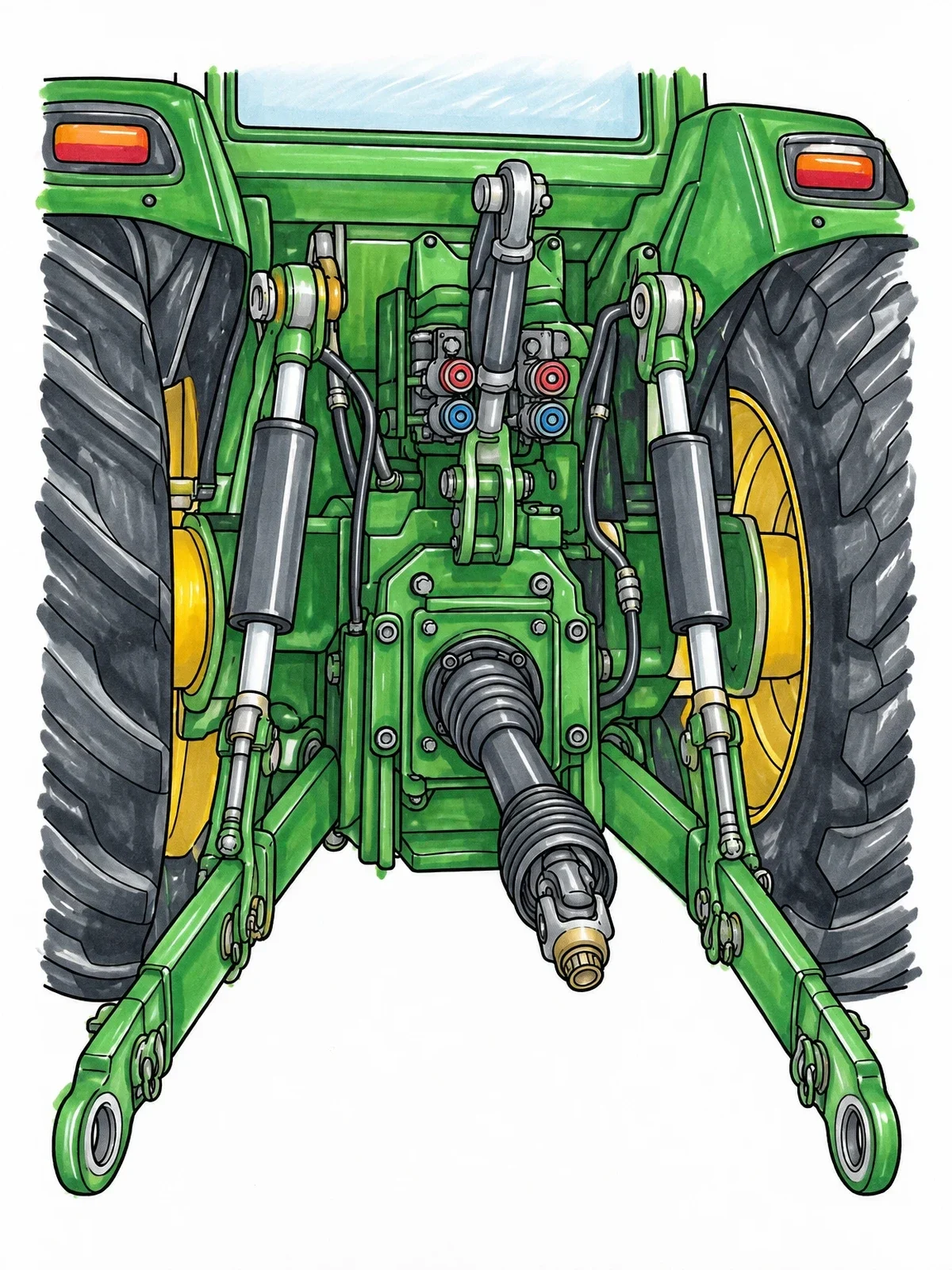 Colored example of the Tractor Rear Hitch And Pto Shaft coloring page