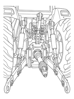 Detailed tractor coloring page showing the rear hitch, hydraulic linkage, and PTO shaft.