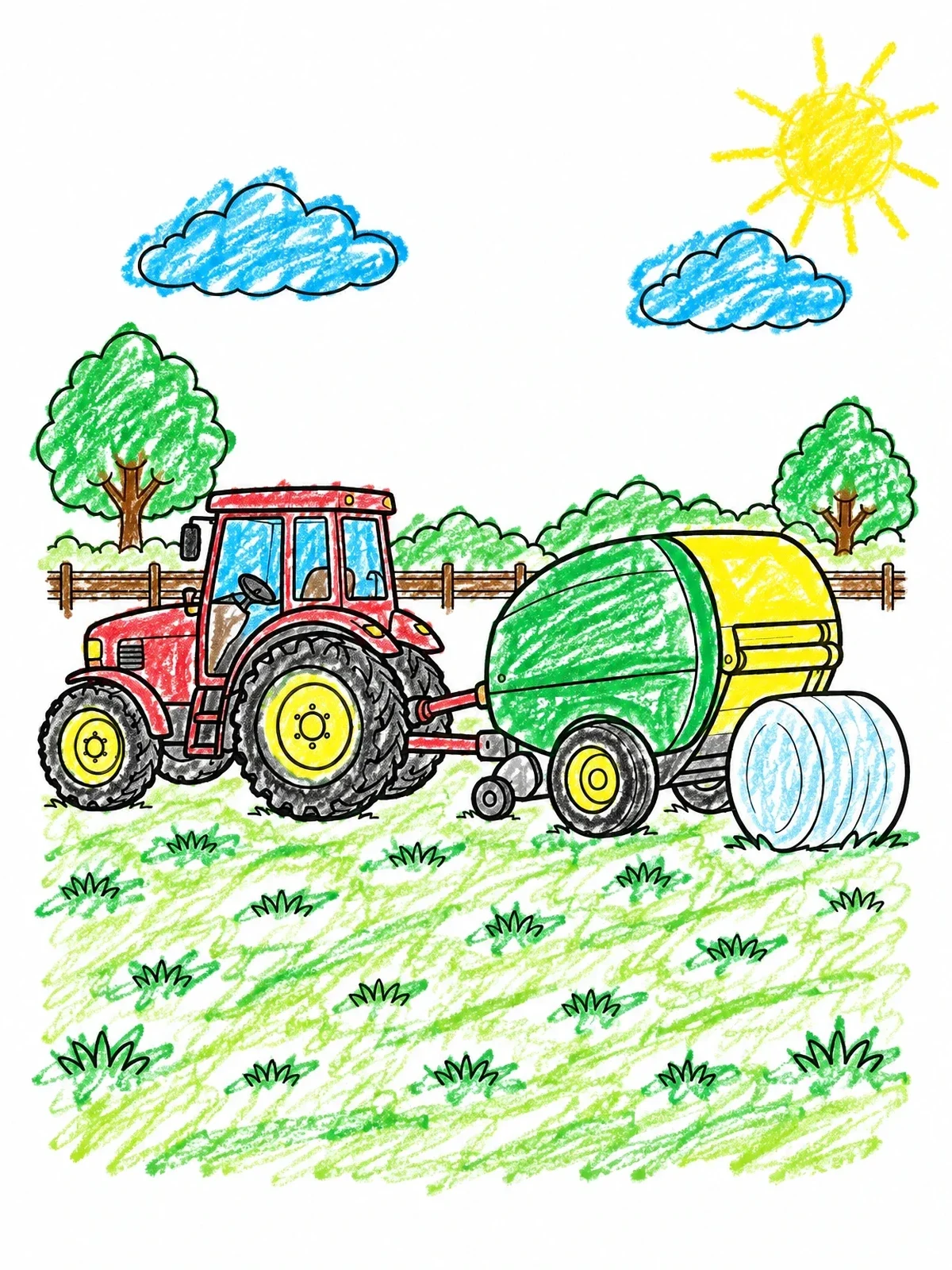 Colored example of the Tractor With Round Baler In Field coloring page