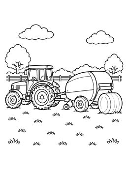 A farm tractor coloring page showing a tractor pulling a baler next to a fresh hay bale.