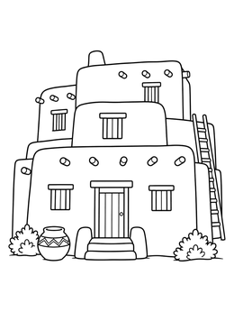 A multi-story adobe house coloring page with vigas, pottery, and a wooden ladder.
