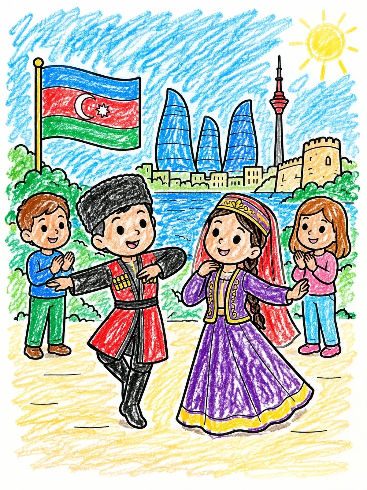 Colored example of the Traditional Azerbaijani Folk Dance Celebration coloring page