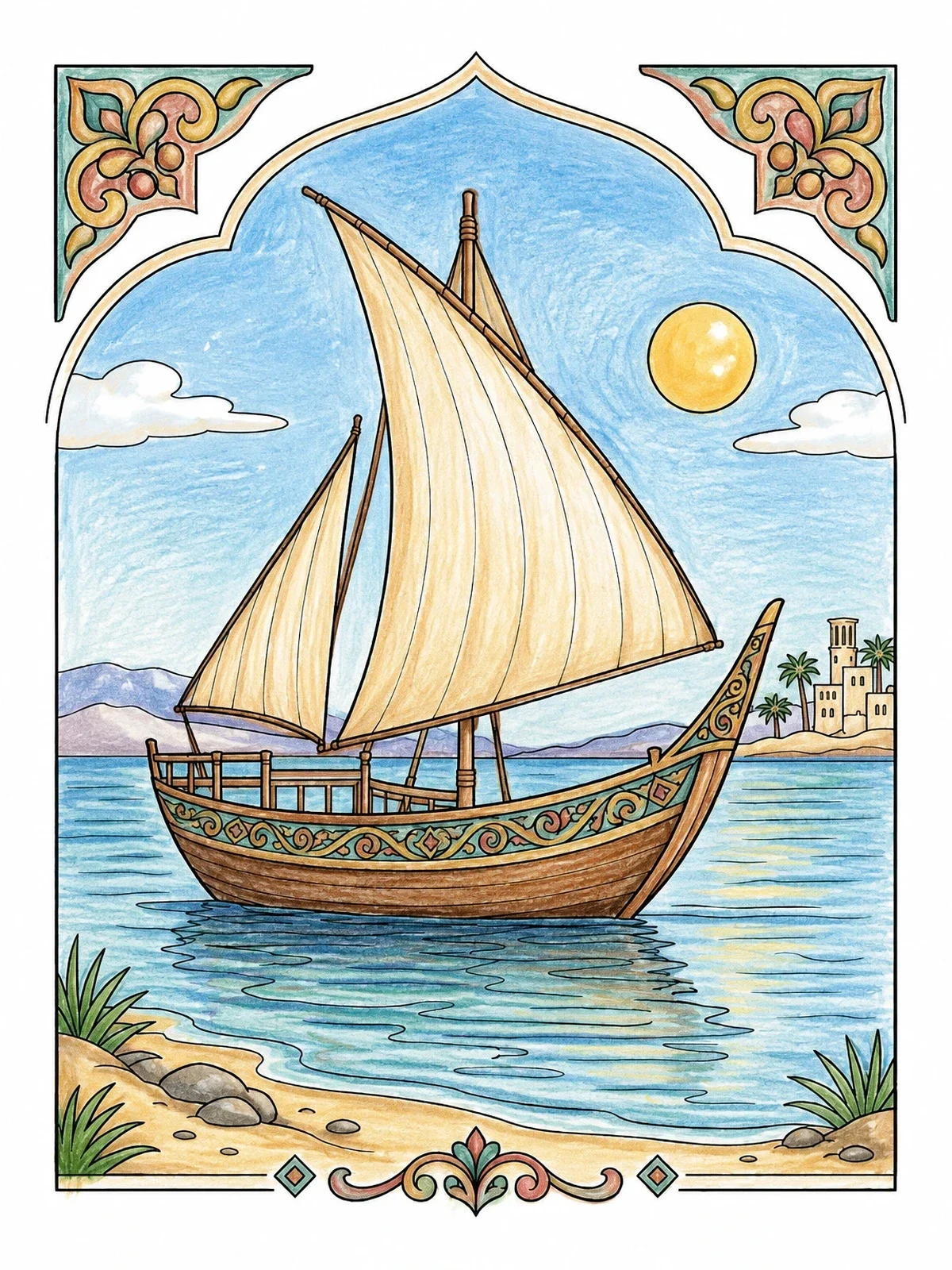 Colored example of the Traditional Bahraini Dhow Sailing Boat coloring page