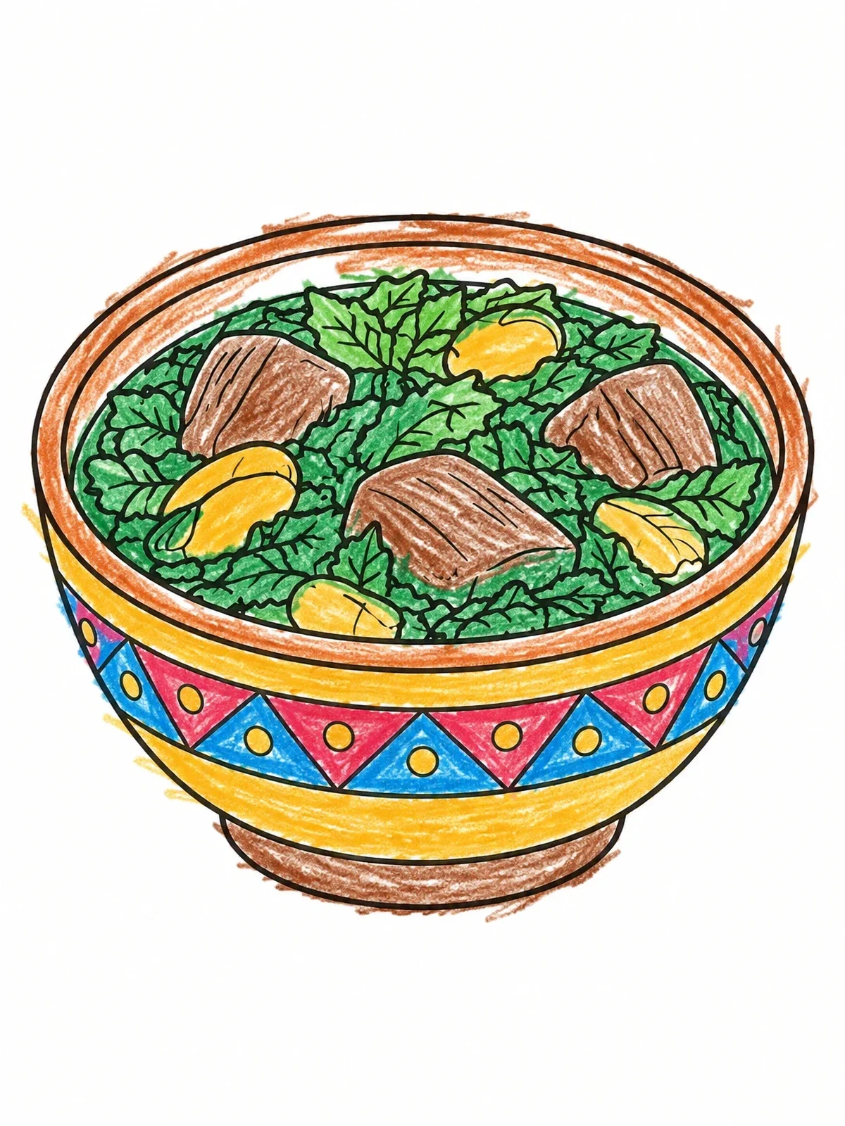 Colored example of the Traditional Cameroonian Ndole Stew Bowl coloring page