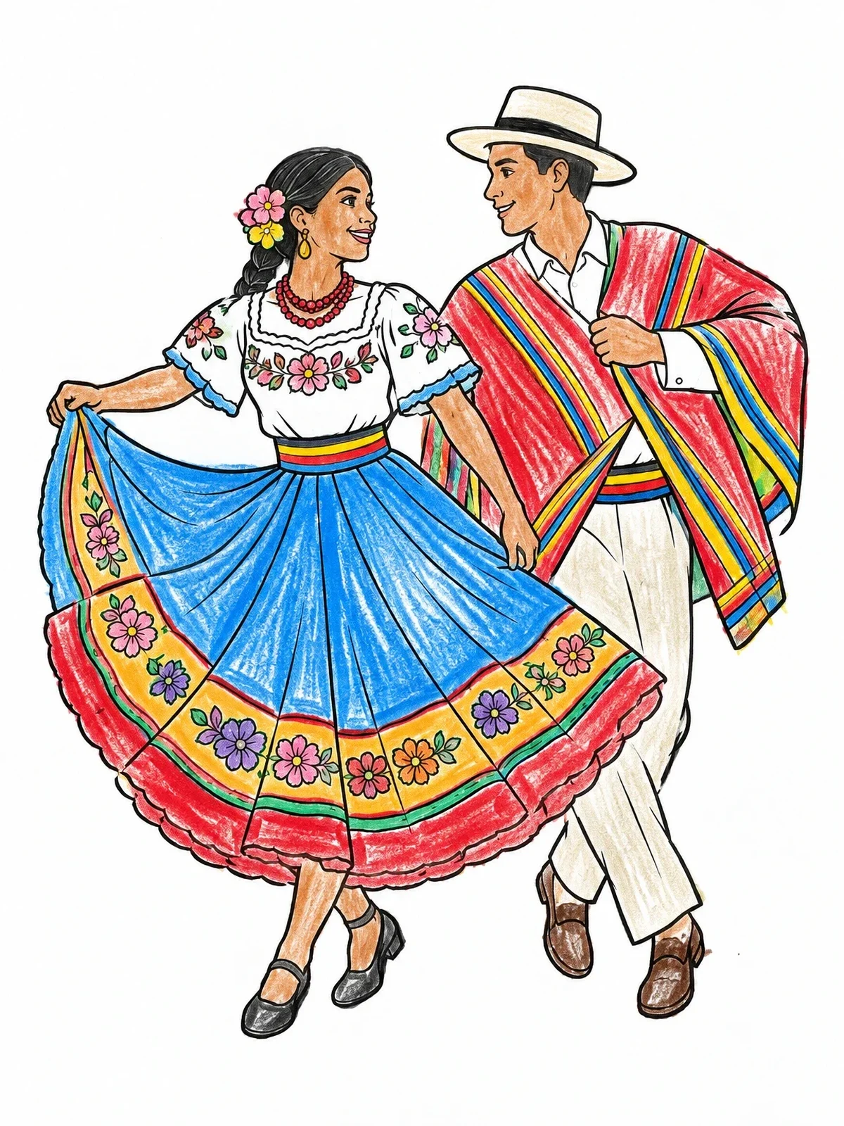 Colored example of the Traditional Ecuadorian Folkloric Dancers coloring page