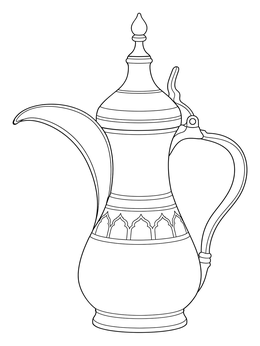A traditional dallah coffee pot in this Iraq coloring page with clean outlines.