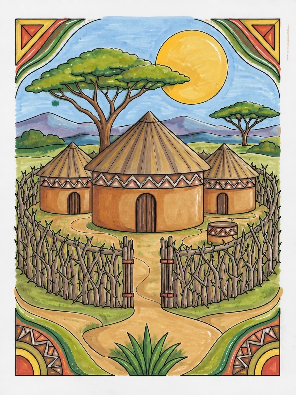 Colored example of the Traditional Kenyan Boma Homestead coloring page