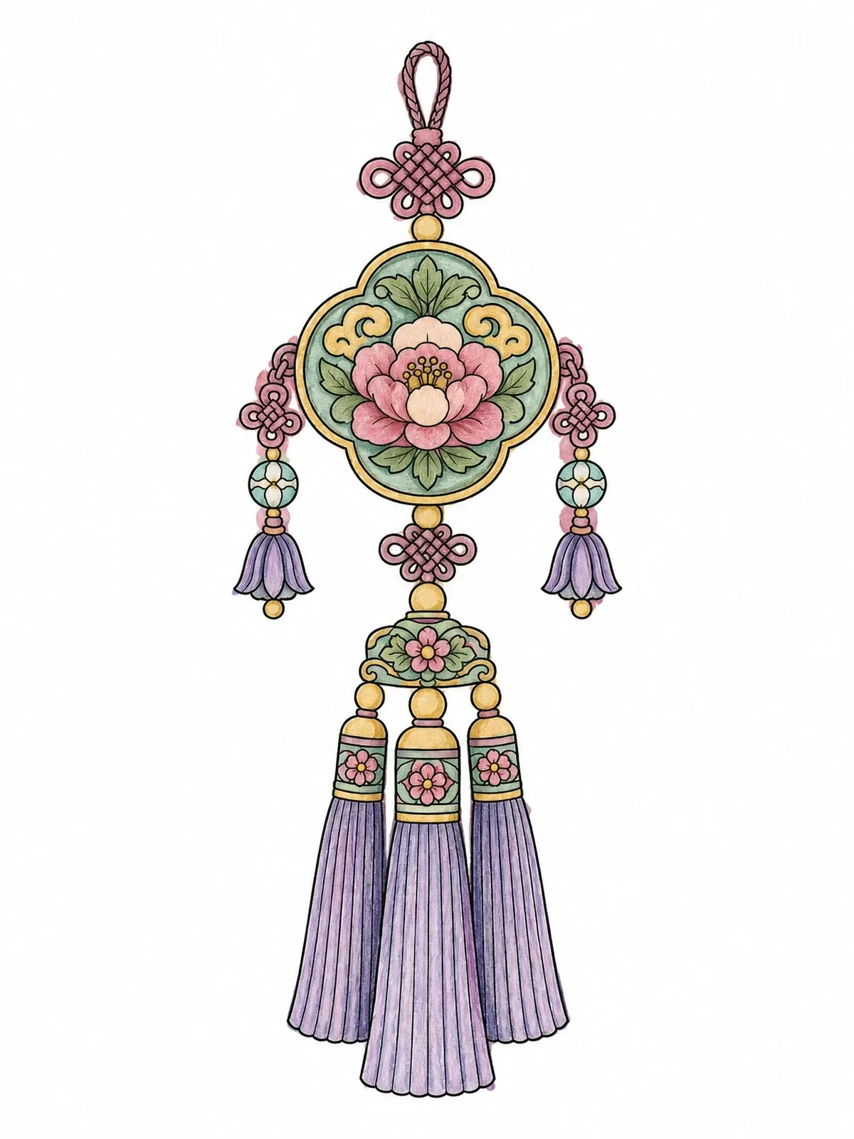Colored example of the Traditional Korean Norigae Tassel Ornament coloring page