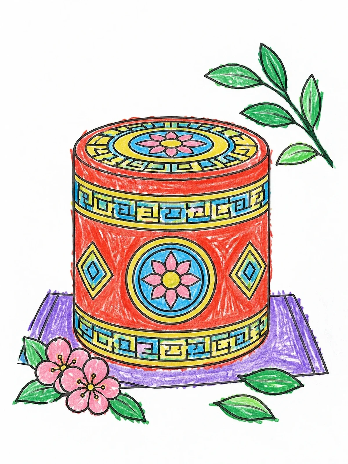 Colored example of the Traditional Myanmar Lacquerware Container coloring page