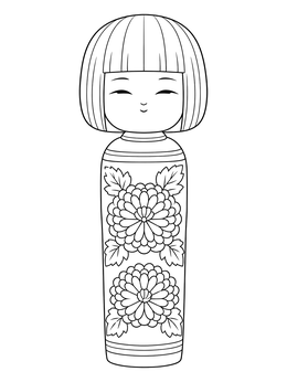 A detailed kokeshi dolls coloring page featuring floral chrysanthemum motifs and a neat bob haircut.