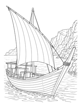 A traditional wooden boat sails by rocky cliffs in this oman coloring page.