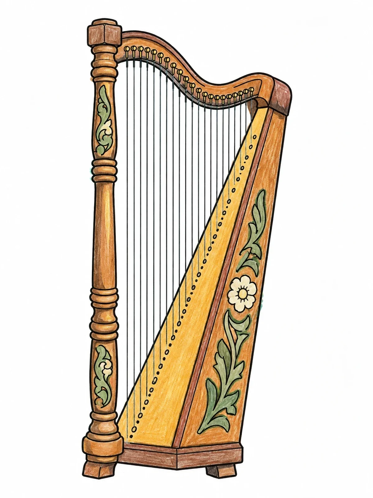 Colored example of the Traditional Paraguayan Wooden Folk Harp coloring page