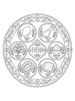 A decorative seder plate coloring page displaying traditional ritual foods with Hebrew labels.