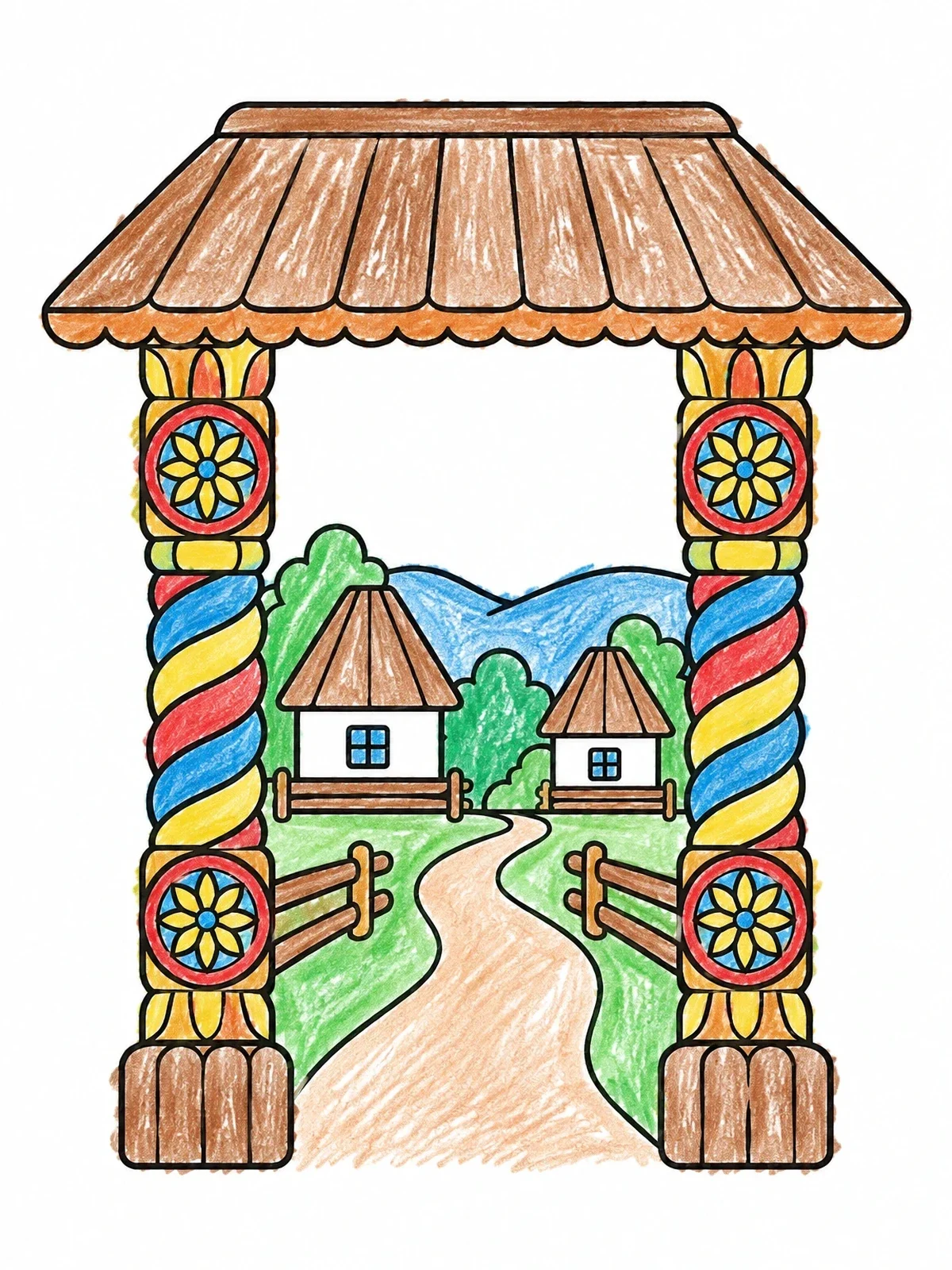 Colored example of the Traditional Romanian Wooden Gate coloring page