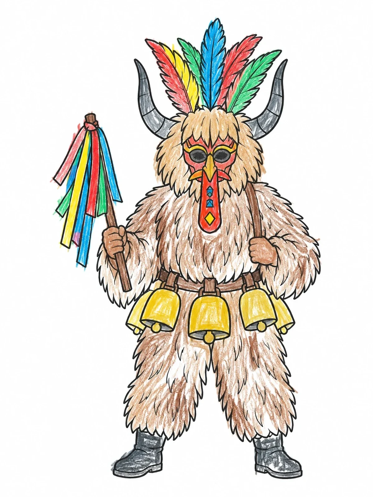 Colored example of the Traditional Slovenian Kurent Carnival Figure coloring page
