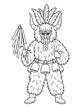 A slovenia coloring page featuring a traditional horned Kurent figure in a sheepskin suit.