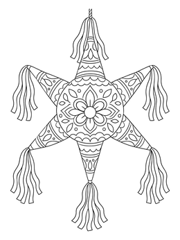 A decorative Mexican star pinata coloring page with long hanging streamers.