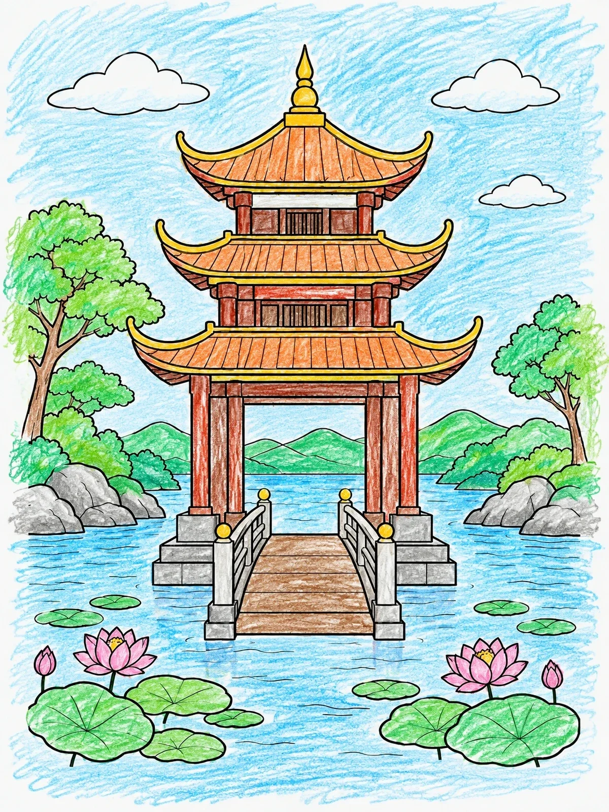 Colored example of the Traditional Vietnamese Pagoda On Water coloring page