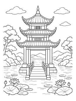 Free printable Traditional Vietnamese Pagoda On Water coloring page