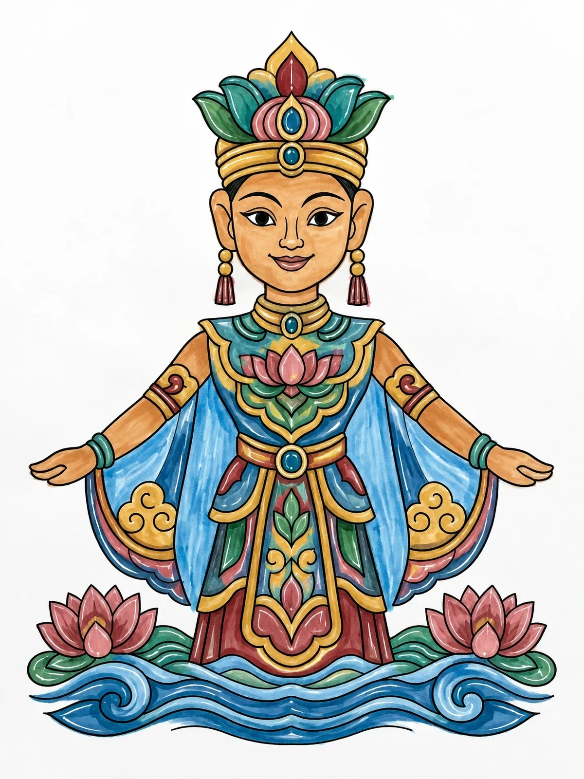 Colored example of the Traditional Vietnamese Water Puppet coloring page