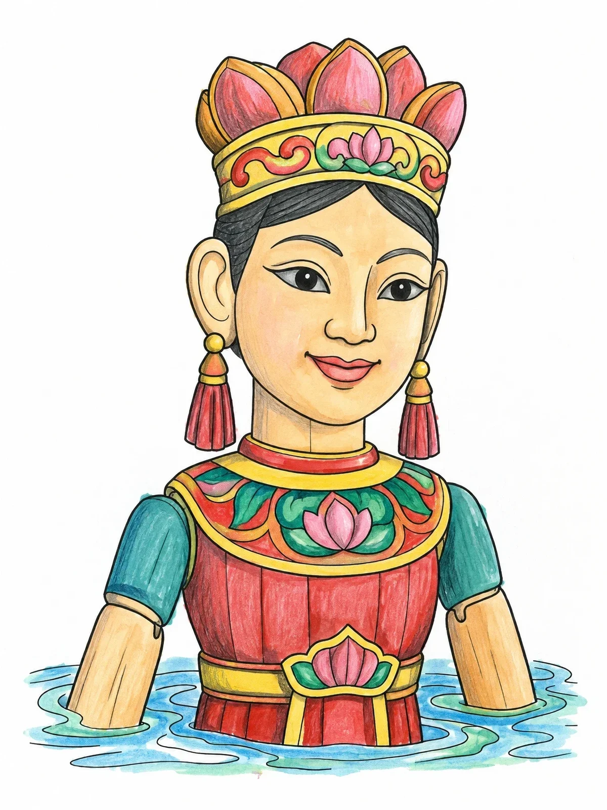 Colored example of the Traditional Vietnamese Water Puppet Figure coloring page