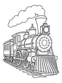 A vintage steam locomotive rides the tracks in this train coloring page.